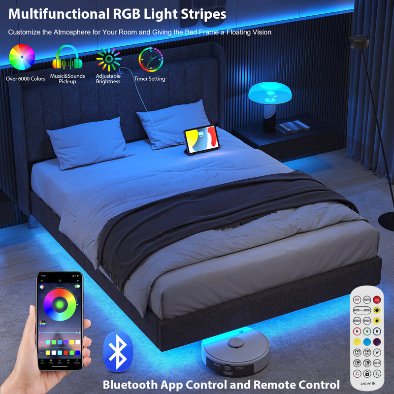 Ivy Bronx LED Upholstered Bed Frame Floating Bed Frame With Wingback